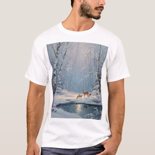 Flüstern im Schnee – Winterwald mit Rehen T-Shirt (Vorderseite)