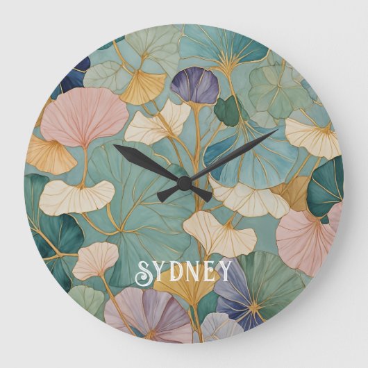Flüstern Pastel Gingko Große Wanduhr (Vorderseite)