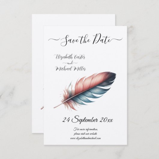 Flüstern von Grace Feathered Elegance Minimalismus Save The Date (Vorne/Hinten)