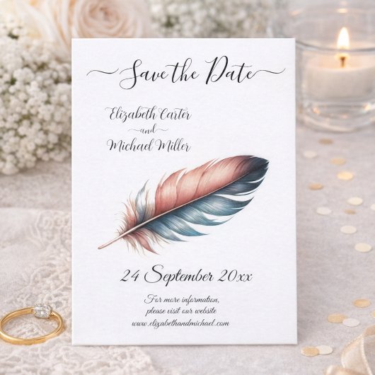 Flüstern von Grace Feathered Elegance Minimalismus Save The Date