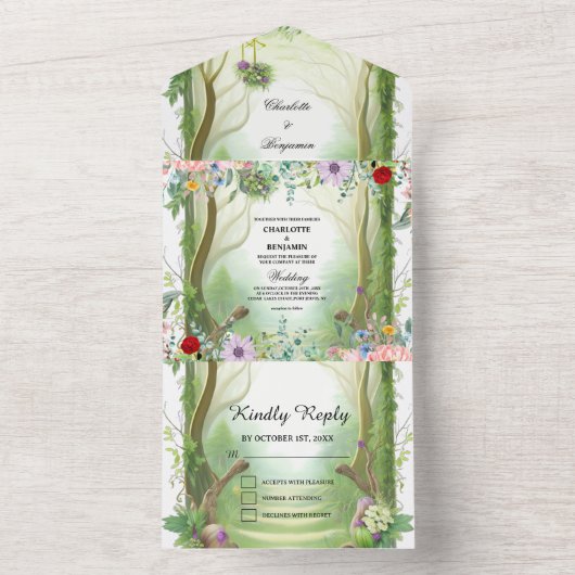 flüsternde Waldweide Grün verzauberter Wald Hochze All In One Einladung (Innen Boden)