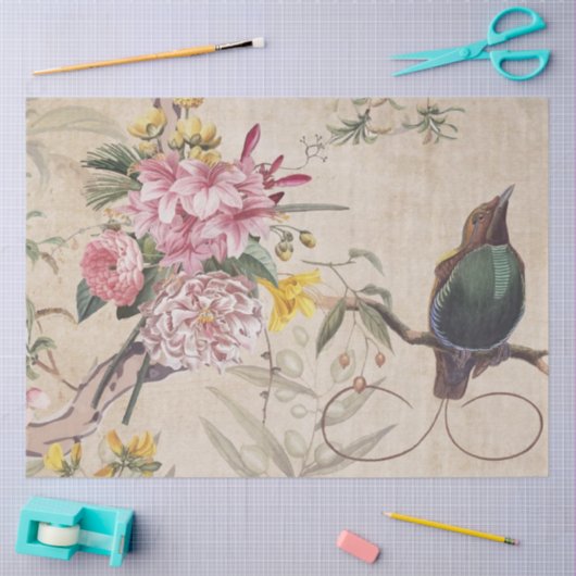 Flüsternder Gartenvogel – Vintage Floral Decoupage Seidenpapier (Basteln)