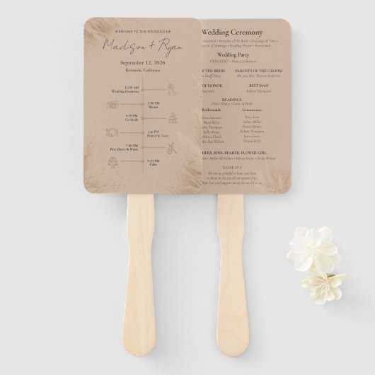 Flüsternder Pampas-Hochzeitsprogramm-Fächer Fächer (Vorne und Hinten)