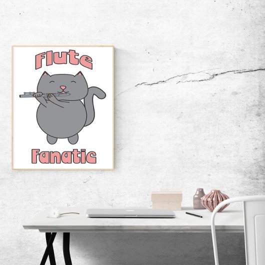 Flute Fanatic Pink Gray Cat Funny Poster