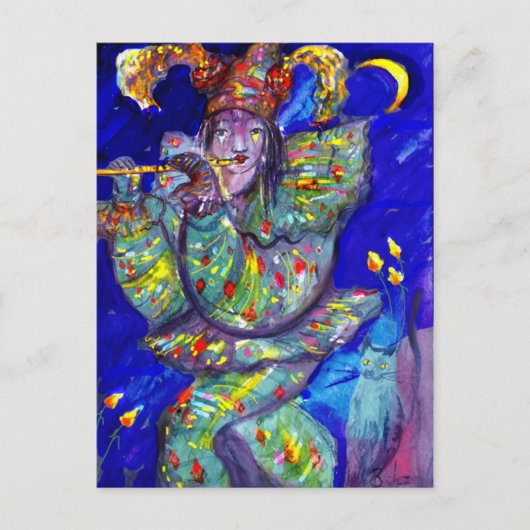 FLUTIST IN BLAU / Venezianische Karnevalsnacht Postkarte (Vorderseite)