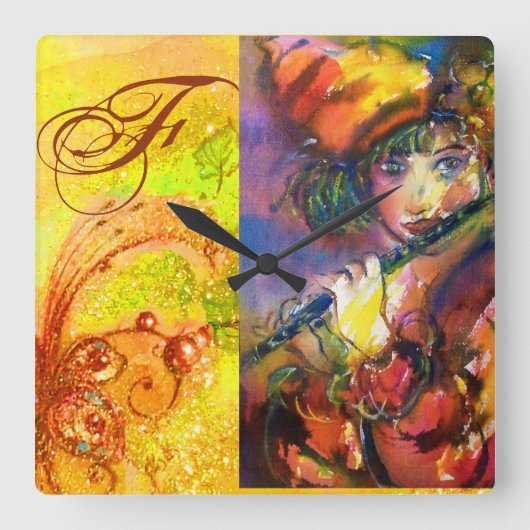 FLUTISTPORTRAT / Venezianische Maskenmonogramm Quadratische Wanduhr (Vorderseite)