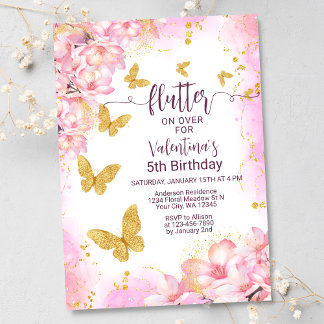 Flutter Gold Butterfly Pink Blume Girls Geburtstag Einladung