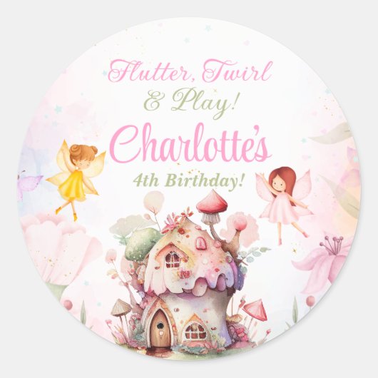 Flutter & Twirl Fairy Birthday Party Label Sticker (Vorderseite)