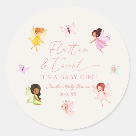 Flutter und Twirl Enchanted Fairy Baby Shower Runder Aufkleber (Vorderseite)