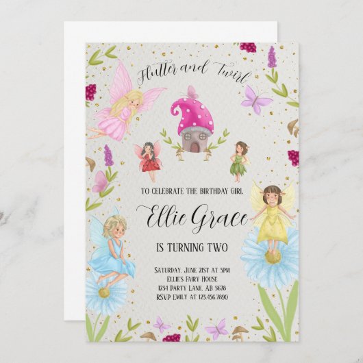 Flutter und Twirl Fairy Einladung (Vorne/Hinten)