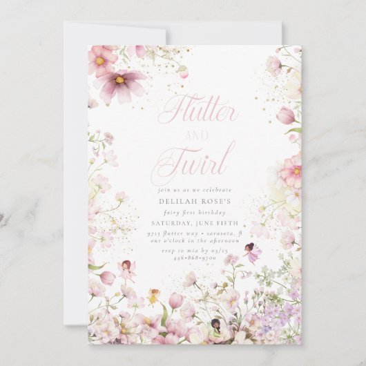 Flutter und Twirl Whimsical Magical Girls Geburtst Einladung (Vorderseite)