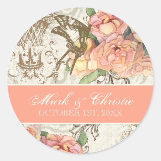 Flutterbyes 'n Rose Elegante Hochzeitsticker Runder Aufkleber (Vorderseite)