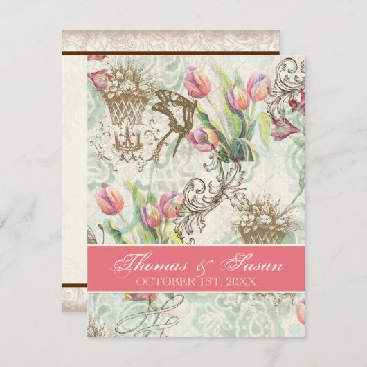 Flutterbyes 'n Tulips Elegante Hochzeit Einladung (Vorne/Hinten)