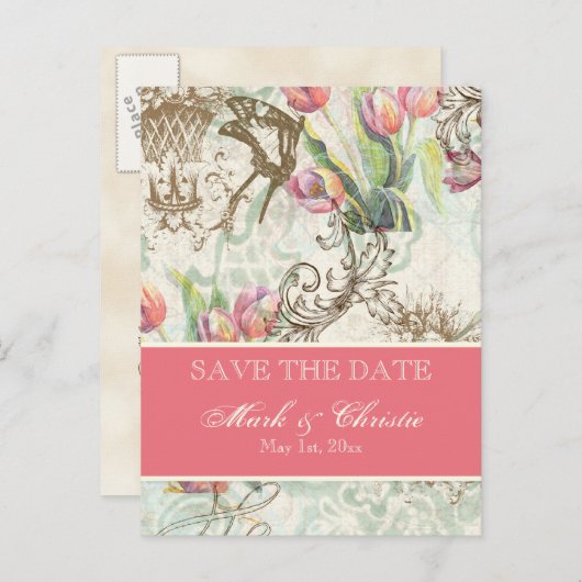 Flutterbyes 'n Tulips Elegante Save the Date Karte (Vorne/Hinten)