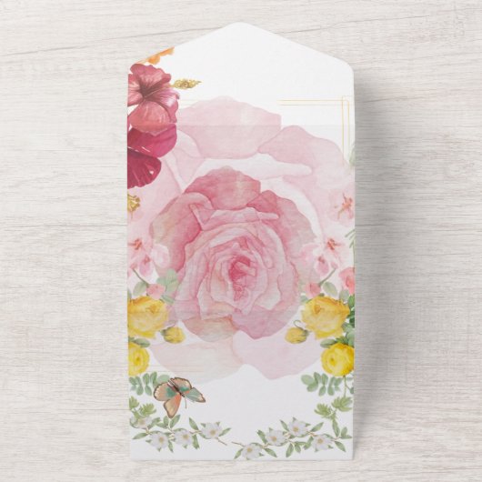 Flutterromane: Aquarellfarbene Rose & Schmetterlin All In One Einladung (Außenbereich)