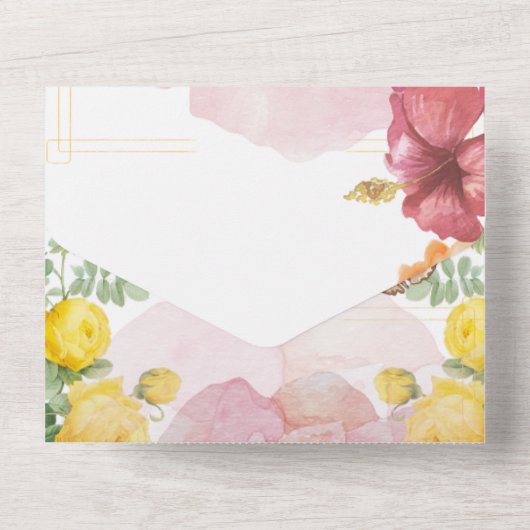 Flutterromane: Aquarellfarbene Rose & Schmetterlin All In One Einladung (Rückseite)