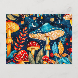 Fly Agariary Mushrooms unter Vollmondlicht Postkarte