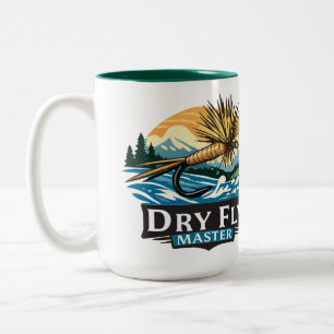 Fly-Fischer-Illustrationslogo-Stil Dry Fly Master Zweifarbige Tasse