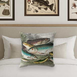 Fly-Fischers alte Wasserfarben-Trout-Darstellung Kissen