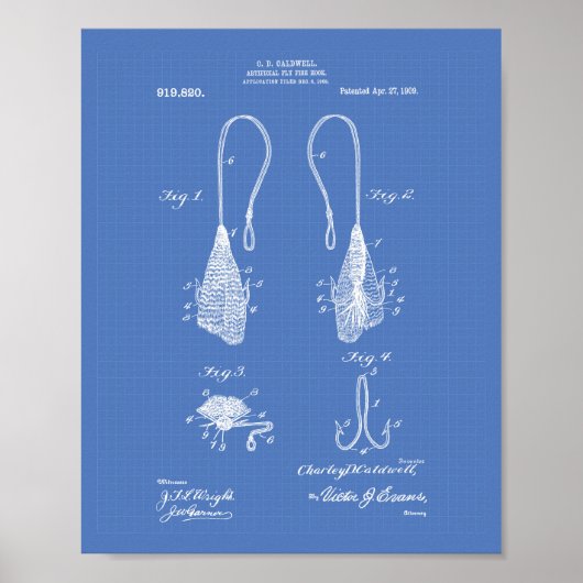 Fly Fish Hook 1909 Patent Art Blueprint Poster (Vorne)