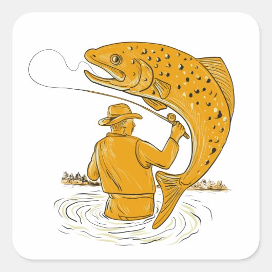 Fly Fisherman Reeling Foreut Zeichnend Quadratischer Aufkleber (Vorderseite)