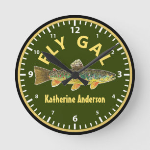 Fly Fishing Brown Foreut FLY GAL Custom Angler Runde Wanduhr