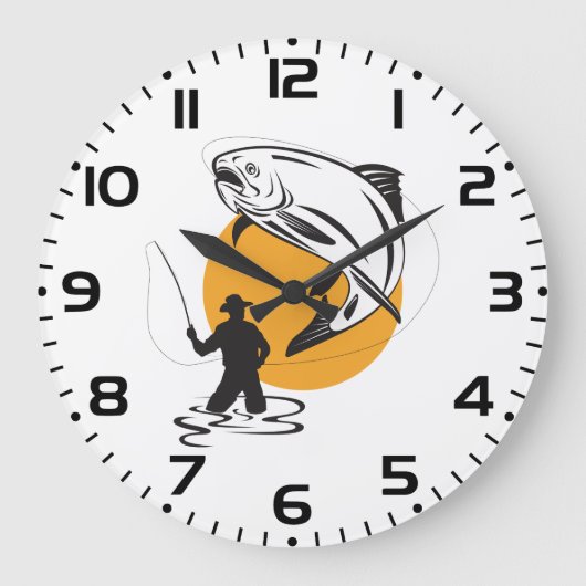 Fly Fishing Trout Sunset Silhouette Große Wanduhr (Vorderseite)