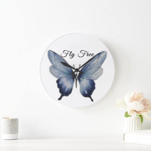 Fly Free – Blue Butterfly Art Design Große Wanduhr (Zuhause)