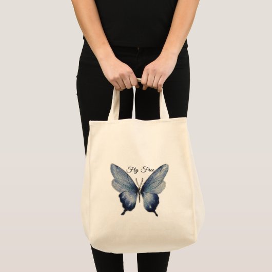 Fly Free – Blue Butterfly Art Design Tragetasche (Vorderseite (Produkt))