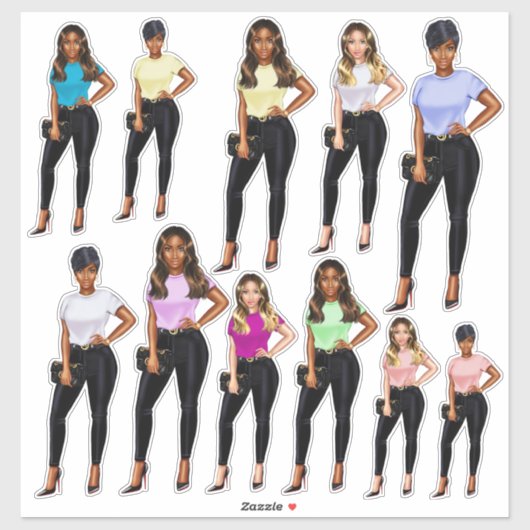 Fly Girl Lady in Jeans und Teeschirts Sticker Set (Blatt)
