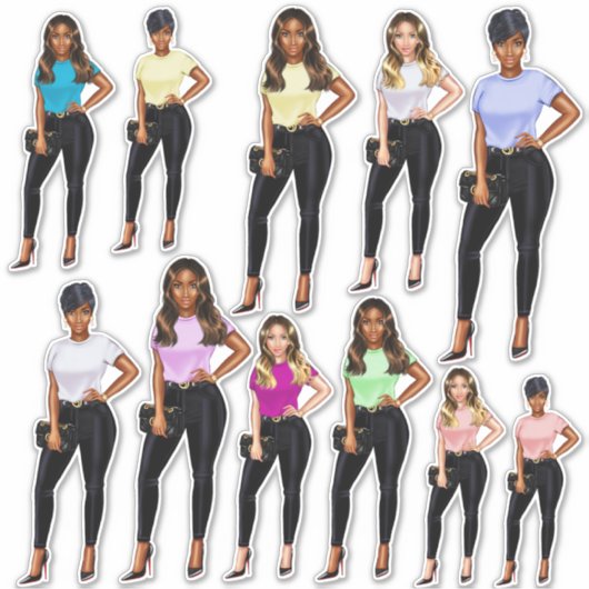 Fly Girl Lady in Jeans und Teeschirts Sticker Set (Vorderseite)