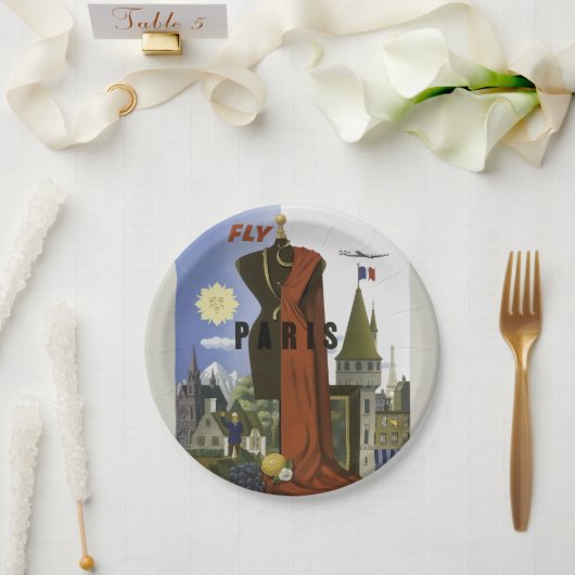 Fly Paris France Vintage Travel Poster Pappteller (Hochzeit)