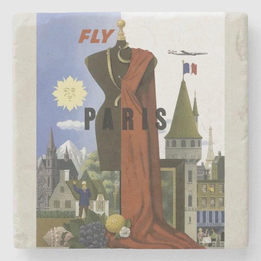 Fly Paris France Vintage Travel Poster Steinuntersetzer (Vorderseite)