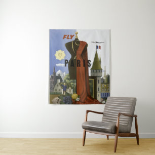 Fly Paris France Vintage Travel Poster Wandteppich