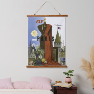 Fly Paris France Vintage Travel Poster Wandteppich Mit Holzrahmen