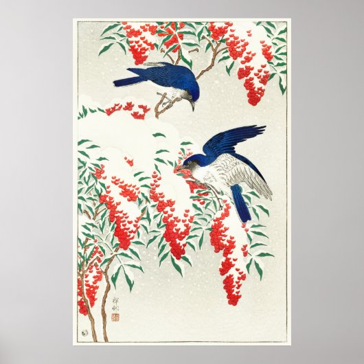 Flycatcher über Nandina Bush von Ohara Koson Poster (Vorne)