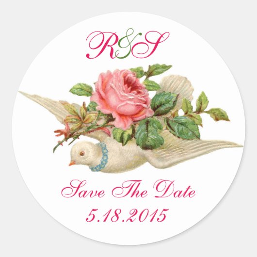 FLYDOVE MIT PINK ROSE SAVE THE DATE MONOGRAM RUNDER AUFKLEBER (Vorderseite)