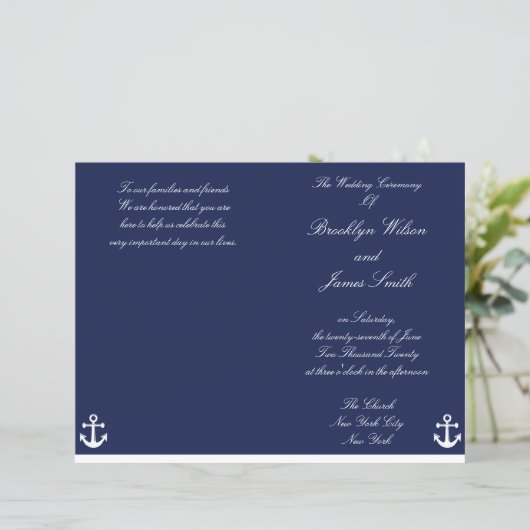 Flyer des Navy Blue Nautical Wedding Program (Stehend Vorderseite)