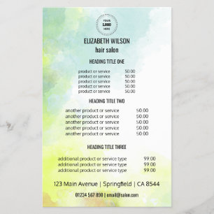 Flyer des Service-Menüs "Watercolor Hair Salon"