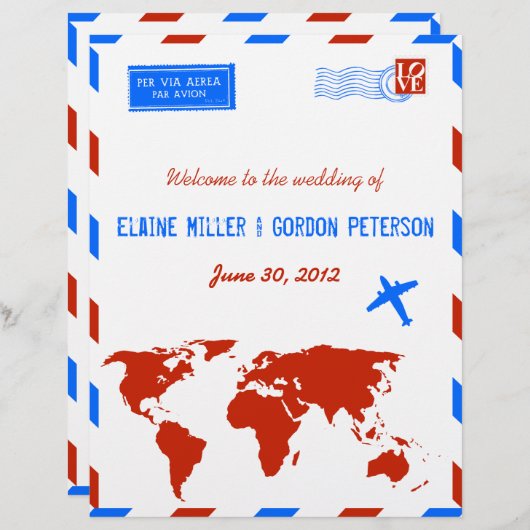 Flyer des Vintagen Air Mail-Hochzeitsprogramms (Vorne/Hinten)