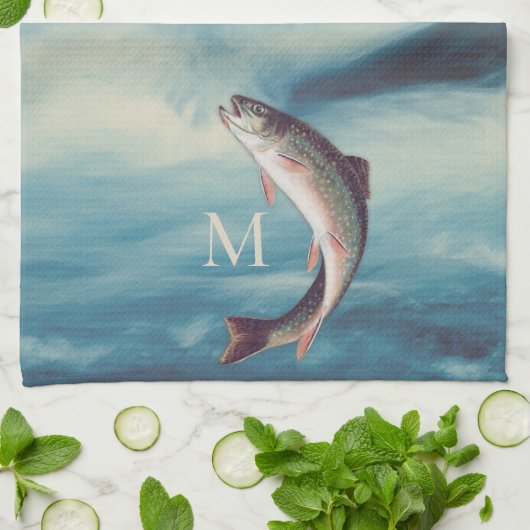 Flyfish Foreut Fisherman Blue River Monogram Geschirrtuch (Gefaltet)