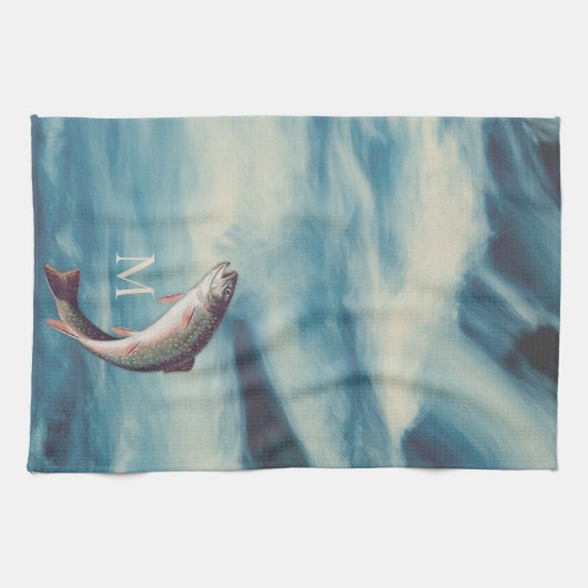 Flyfish Foreut Fisherman Blue River Monogram Geschirrtuch (Horizontal)