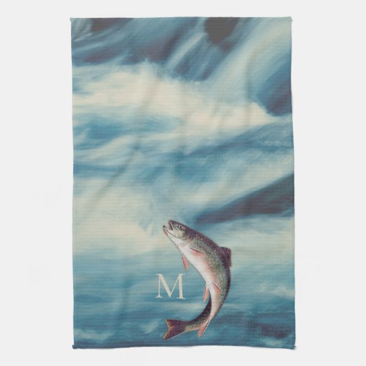 Flyfish Foreut Fisherman Blue River Monogram Geschirrtuch (Vertikal)