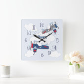 Flying Airplane Adventure Baby Boy Nursery Clock Quadratische Wanduhr (Zuhause)