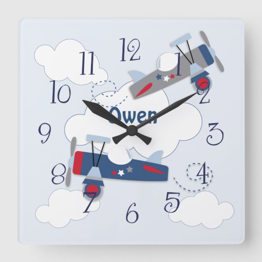 Flying Airplane Adventure Baby Boy Nursery Clock Quadratische Wanduhr (Vorderseite)