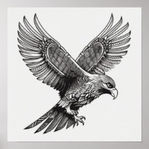 Flying Bald Eagle Black and White Art, Heavy Wings