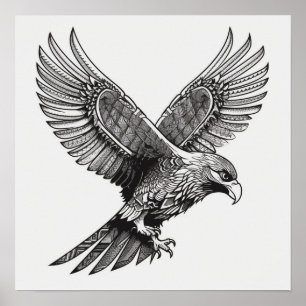 Flying Bald Eagle Black and White Art, Heavy Wings Poster
