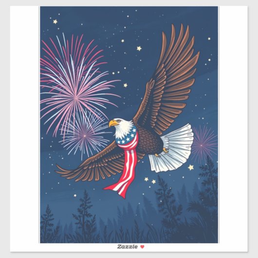 Flying Bald Eagle mit USA Flag Scarf & Fireworks Aufkleber (Blatt)