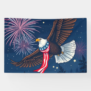 Flying Bald Eagle mit USA Flag Scarf & Fireworks Banner