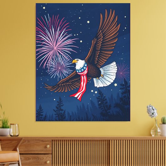 Flying Bald Eagle mit USA Flag Scarf & Fireworks Leinwanddruck (Insitu (Wohnzimmer))